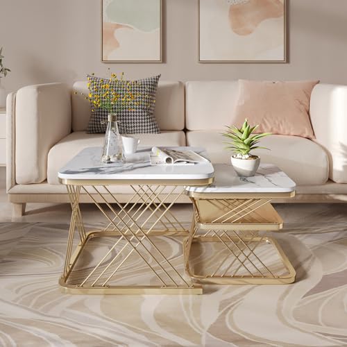 Caluself Quadratischer Couchtisch mit schrägem Stützrahmen Goldfarbener Rahmen + weiße Tischplatte von Caluself