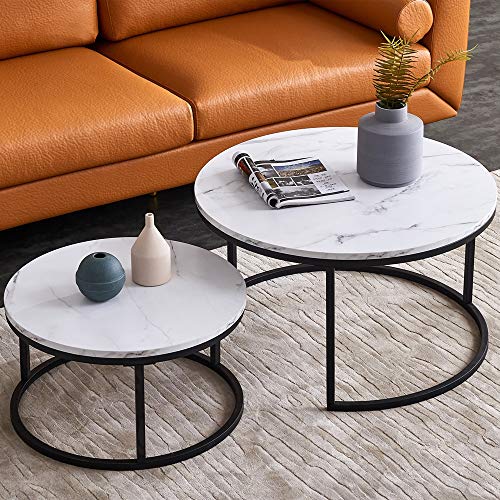 Caluself Runder Beistelltisch, Couchtisch 2er Set mit Metallgestell und Marmorplatte, Stapelbarer Beistelltisch,Schwarz von Caluself