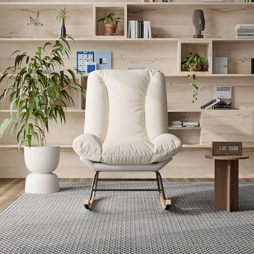 Caluself Schaukelsessel für den Innenbereich, Lesesessel, mit gepolsterter Rückenlehne, Schaukelstuhl, Wohnzimmer, mit weicher Rückenlehne, Leinen + technischer Stoff, gebrochenes Weiß + Grau von Caluself