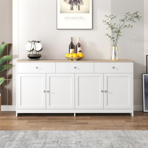 Caluself Weißer Schrank mit Sideboard in Holzoptik, mit Vier Türen und DREI Schubladen, geeignet für Wohnzimmer und Essbereiche. von Caluself