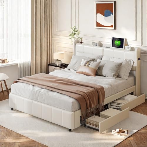 Caluself YCZ Gestoffeerd Bed 160x200cm met 4 Laden, tweepersoonsbed met opbergruimte en lattenbodem, hoofdeinde met LED en USB, opbergbed functionele bedden rugleuning bedframe, PU Caluself YCZ Gestoffeerd Bed 160x200cm met 4 Laden, tweepersoonsbed met opbergruimte en lattenbodem, hoofdeinde met LED en USB, opbergbed functionele bedden rugleuning bedframe, PU von Caluself