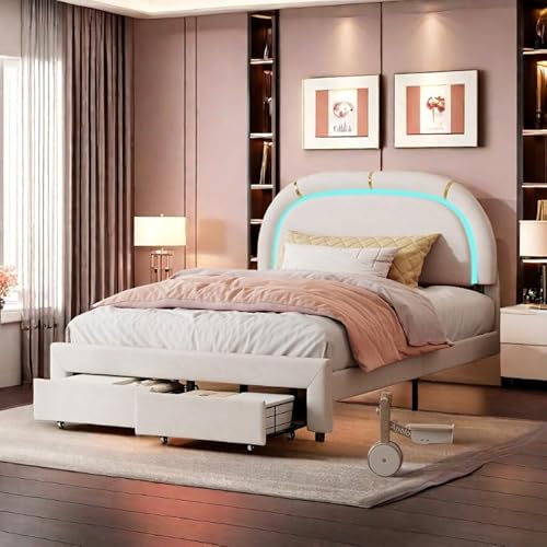 Caluself bedBedden Bedframe met opbergruimte, gestoffeerd Bed met LED-hoofdbord, tweepersoonsbed, Bed met opbergruimte en 2 Lades, in hoogte verstelbaar hoofdbord, G7h1I6 von Caluself