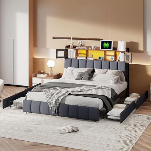Caluself bedCadre de Avec Rangement, rembourré Avec 4 tiroirs et lumières LED, Double Avec prises et Ports USB, sommier à Lattes en Bois, lin, dada von Caluself