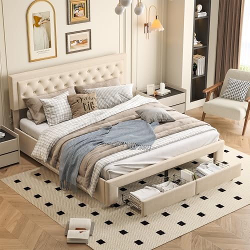 Caluself bedCadre de coffre, Double Avec compartiment de Rangement, rembourré, hydraulique Avec compartiment de Rangement hydraulique et 2 tiroirs, revêtement en Velours (beige, cm) von Caluself
