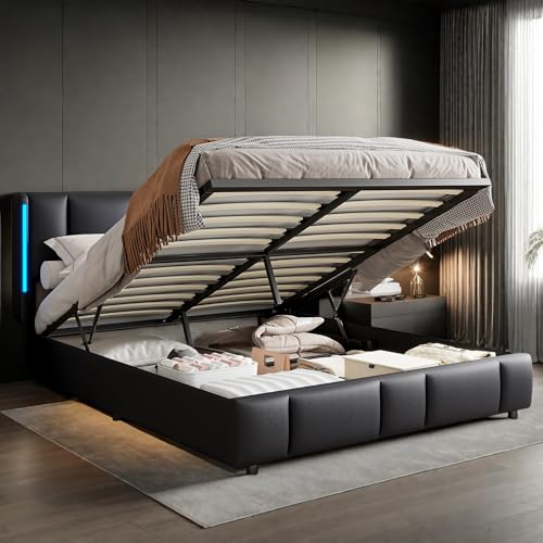 Caluself bedDouble Storage Bed LED Lighting with Gas Pressure Rod Storage Function Bedside with Light with USB Charging Quick Assembly PU Metal Bed Frame Classic Adult Suitable for Bedroom 2P9q6R Caluself bedDouble Storage Bed LED Lighting with Gas Pressure Rod Storage Function Bedside with Light with USB Charging Quick Assembly PU Metal Bed Frame Classic Adult Suitable for Bedroom 2P9q6R von Caluself