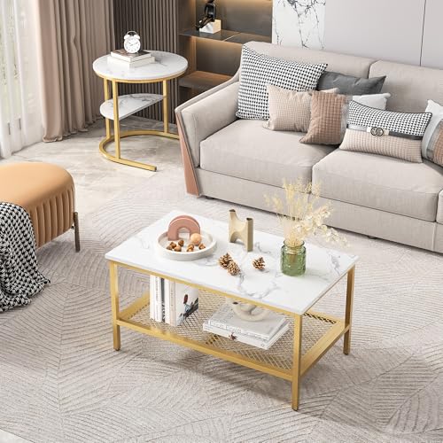Caluself couchtisch 2er Set,Multifunktionaler Couchtischen, couchtisch modern,Metallrahmen,Marmor Optik,Beistelltisch mit Aufbewahrung, geeignet für Wohnzimmer,Gold,Schwarz von Caluself