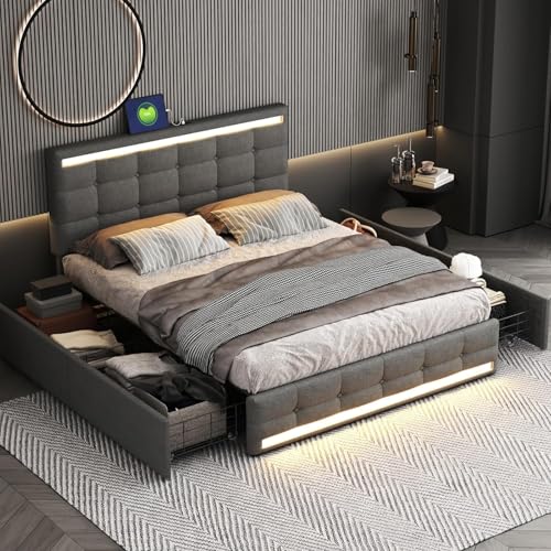 Caluself lit Ycz Doppelbett,Polsterbett x, LED-Bettgestell mit 2 USB-Ladestationen,Stauraumbett mit 4 Schubladen und Lattenrost, Kopfteil,Jugendbett,Leinenstoff,gepolstertes Plattformbett rtyd.6rC7rM Caluself lit Ycz Doppelbett,Polsterbett x, LED-Bettgestell mit 2 USB-Ladestationen,Stauraumbett mit 4 Schubladen und Lattenrost, Kopfteil,Jugendbett,Leinenstoff,gepolstertes Plattformbett rtyd.6rC7rM von Caluself