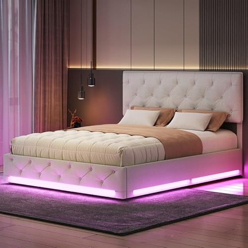 Caluself lit　 coffre Avec LED, Double Avec Rangement et tête de, × Avec sommier à Lattes, Double, beige, lin (matelas Non inclus) YCZ.E9q4lP von Caluself
