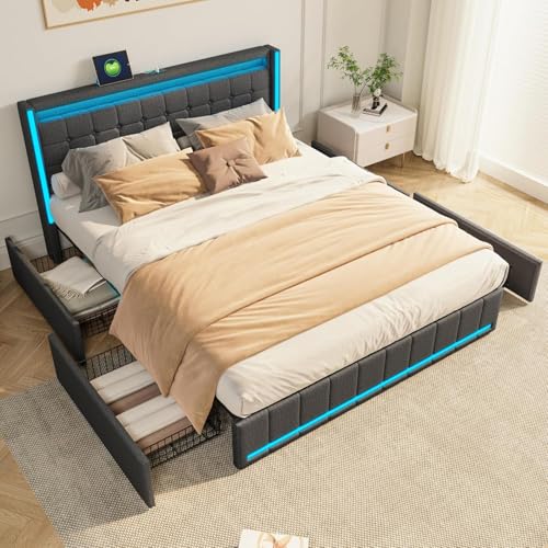 bedCadre de Avec Rangement, Double tête de rembourrée Avec LED et USB, coffre Avec 4 tiroirs de Rangement et Cadre de Pour adultes 1P6q8R von Caluself