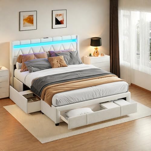 bedDouble Storage Bed LED Lighting Diamond Head with Light Strip with 4 Iron Drawers Storage Function with USB Charging Quick Assembly Linen Metal Bed Frame Classic Adult Suitable for Bedroom G5h6I1 von Caluself