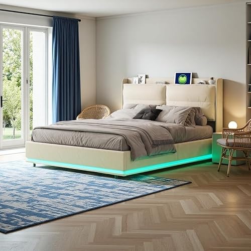 bedDouble Storage Bed LED Lighting Mood Light Zipper Backrest With Gas Pressure Rod Storage Function With USB Charging Quick Assembly Velvet Metal Bed Frame Classic Adult Suitable for Bedroom a8B1c9 von Caluself