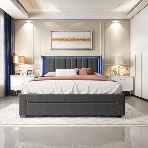 bedDouble storage bed LED lighting with 1 drawer storage function with drawer at the end of the bed with USB charging quick assembly linen metal bed frame classic adult suitable for bedroom S8t3U5 von Caluself