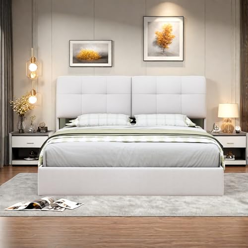 bedGénérique Coffre cm Avec LED et hydraulique, Avec sommier à Lattes, Adulte, Conception Simple, Velours, Beige M6n3O5 von Caluself