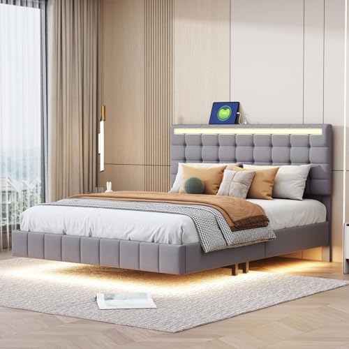 bedbelupai Cadre de rembourré Pour Double - - Cadre de flottant Avec lumières LED et tête de réglable en Hauteur Avec 2 Stations de Charge USB - Tissu en lin - Pour 2M8n5O von Caluself