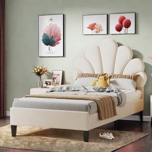 lit　 Simple, Matelas Universel ADO, capitonné, Cadre de en Bois, x, tête de en Velours en Forme de pétale, Confortable et Chaud, Beige, Rose.B7nD4w.4mG6zL von Caluself