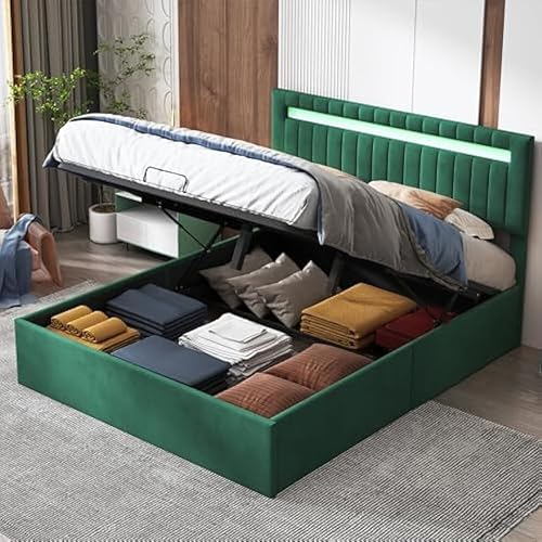 lit　YCZ rembourré x Avec LED, Coffre Avec Tete de, Double Avec Rangement Sous, Cadre de, Sommier à Lattes en Bois, Velours (Vert) fhgv.3xS2xK von Caluself