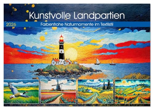 Kunstvolle Landpartien - Farbenfrohe Naturmomente im Textilstil (Tischkalender 2026 DIN A5 quer), CALVENDO Monatskalender: Lebendige Natur mit Meer, ... kreativen KI-Textilkunststil (CALVENDO Natur) von Calvendo