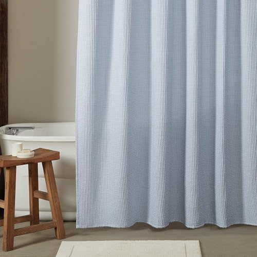 Calvin Klein Duschvorhang aus Stoff, luxuriöses Baumwoll-Mischgewebe, Duschvorhang mit 12 Knopflöchern, Waffelgewebe, Badezimmer-Dekor, Öko-Tex-Zertifiziert (Waffel Solid Blue, 177,8 x 182,9 cm) von Calvin Klein