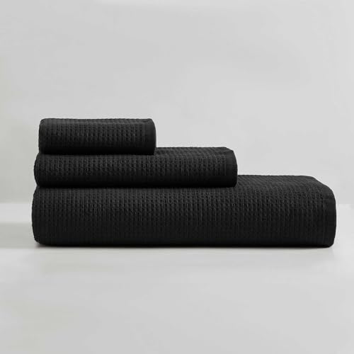 Calvin Klein - Handtuch-Set, weiche und saugfähige Baumwolltücher, Moderne Badezimmer-Dekoration (Eternity Solid Black, 3-teilig) von Calvin Klein