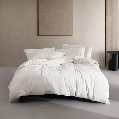 Calvin Klein Queen-Bettwäsche-Set, luxuriös weiche Heimdekoration, Moderne Baumwoll-Melange-Jersey-Bettwäsche (Elfenbeingrau meliert, Queen-Size-Bett) von Calvin Klein