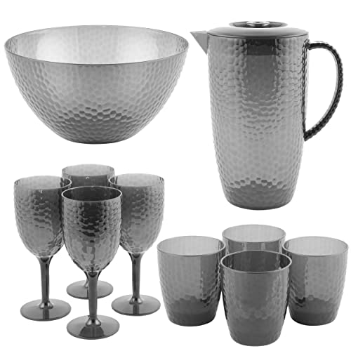 Cambridge COMBO-8597 Fete Party-Set mit Krug - Trink- und Weingläsern und Schüssel, Diamant-Design, 10-teilig, BPA-frei, für den Einsatz im Freien, Garten, fürs Ferienhaus und Campen, grau von Cambridge