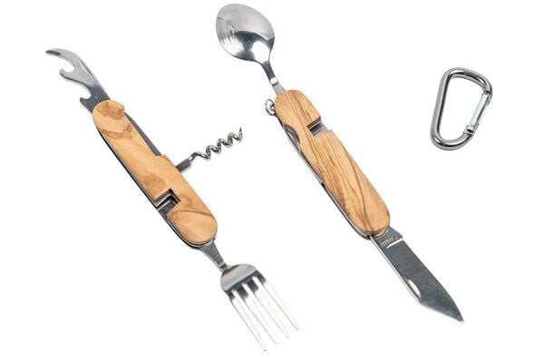 Cameleon Pack Praktisches Natur Camping Besteck *8 in 1* Edelstahl + Hochwertiges Olivenholz * Mit Geschenkbox * Outdoor Reise Set von Cameleon Pack