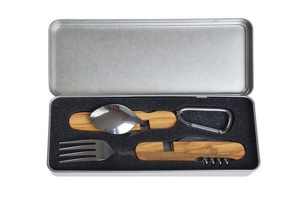 Cameleon Pack Praktisches Natur Camping Besteck *8 in 1* Edelstahl + Hochwertiges Olivenholz * Mit Geschenkbox * Outdoor Reise Set von Cameleon Pack