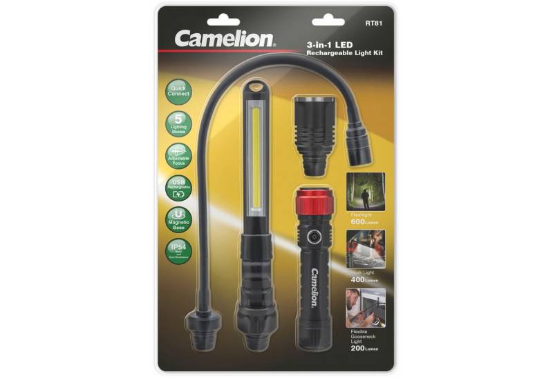 Camelion LED Taschenlampe 3-in-1 LED Taschenlampen Set, wiederaufladbar mit Akku und USB-Ladeka von Camelion