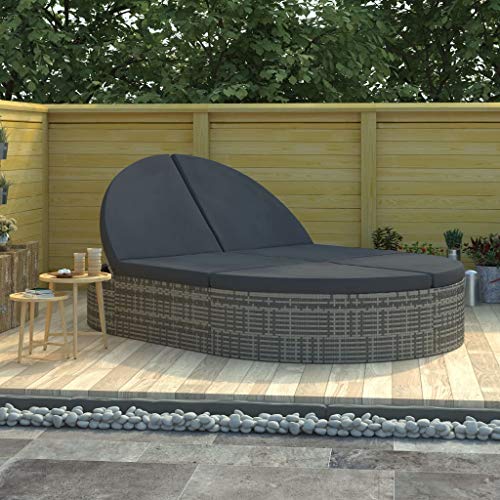 Camerina Doppel-Sonnenliege mit Kissen Garten Doppelliege Liege Outdoor Sonnenliege Rattan Gartenbett Outdoor Liege FüR Garten Poly Rattan Grau von Camerina