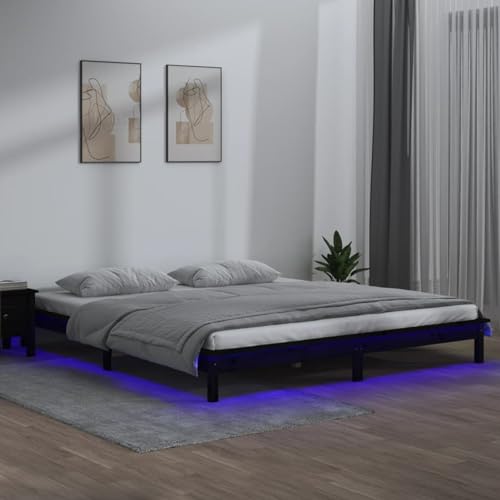 Camerina Massivholzbett Bettgestell Bed Frame Bett Mit Bettkasten Hausbett Bett Massivholz mit LEDs Schwarz 160x200 cm von Camerina