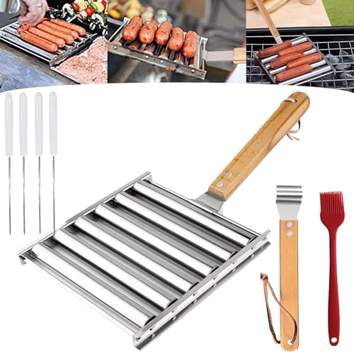 Hot Dog Roller for Grill, Hotdog Roller Stainless Steel Sausage Roll Rack, BBQ Hot Dog Roller Machine with Long Wood Handle, Portable Barbecue Essentials Tools with Clip (L+Sausage Skewers) von Camic