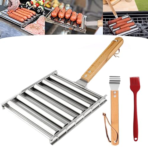 Hot Dog Roller for Grill, Hotdog Roller Stainless Steel Sausage Roll Rack, BBQ Hot Dog Roller Machine with Long Wood Handle, Portable Barbecue Essentials Tools with Clip (S) von Camic