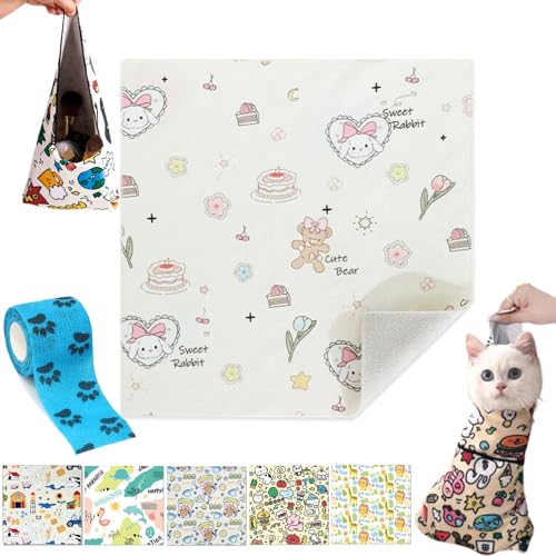 Self Adhesive Cat Wrap, Cat Burrito Wrap, Cat Grooming Wrap for Cutting Nails, Anti-Bite Cat Swaddle Wrap for Nail Trimming (B, 70 * 70cm(Within 15lbs)) von Camic