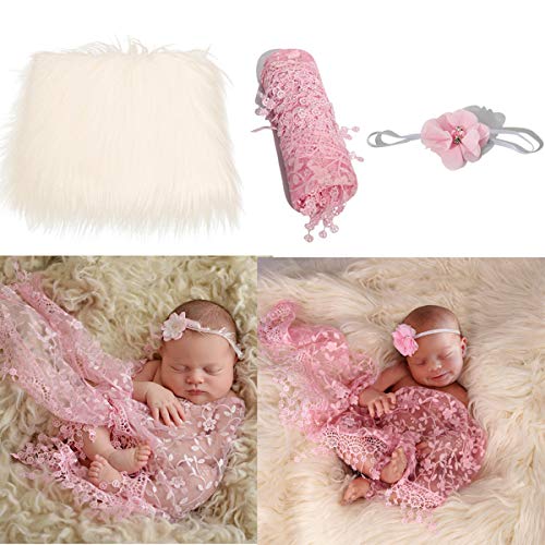 Camidy Baby Foto Requisiten 3 Stück Baby Flauschige Decke + Neugeborenen Wickel + Blumen Stirnband Set Jungen Mädchen DIY Fotografie Outfits von Camidy