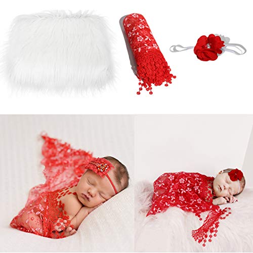 Camidy Baby Foto Requisiten 3 Stück Baby Flauschige Decke + Neugeborenen Wickel + Blumen Stirnband Set Jungen Mädchen DIY Fotografie Outfits von Camidy