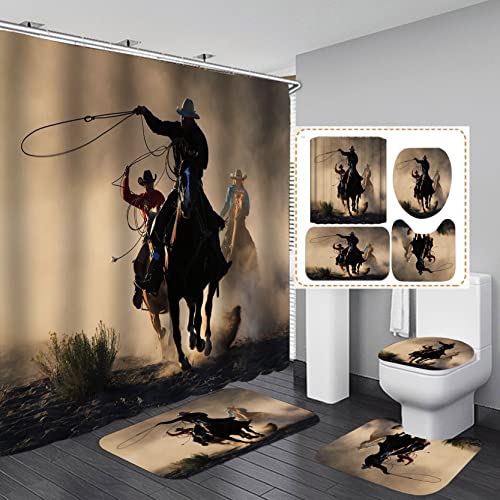 Camille&Andrew 4 Stück/Set Western Cowboy Duschvorhang, Country Cowboy Reiten Pferd im Wilden Westen Badezimmer Dekor, rutschfeste Badezimmermatte Badvorleger Weicher Toilettenteppich, Rodeo Camille&Andrew 4 Stück/Set Western Cowboy Duschvorhang, Country Cowboy Reiten Pferd im Wilden Westen Badezimmer Dekor, rutschfeste Badezimmermatte Badvorleger Weicher Toilettenteppich, Rodeo von Camille & Andrew