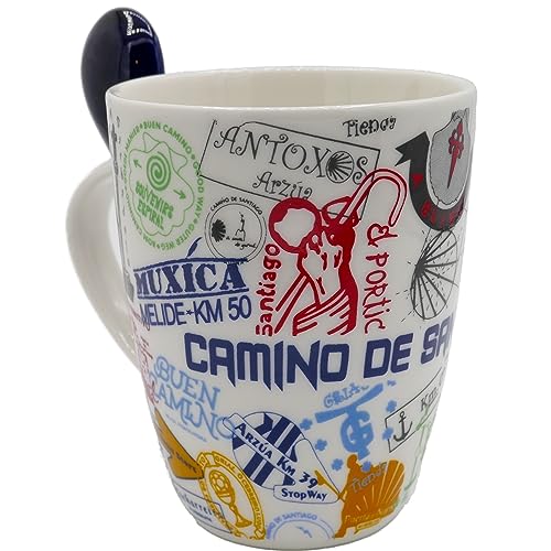 Tasse Jakobsweg mit Pilgerstempeln - Porzellan Kaffeetasse mit Löffel - schönes Geschenk von Camino Cats