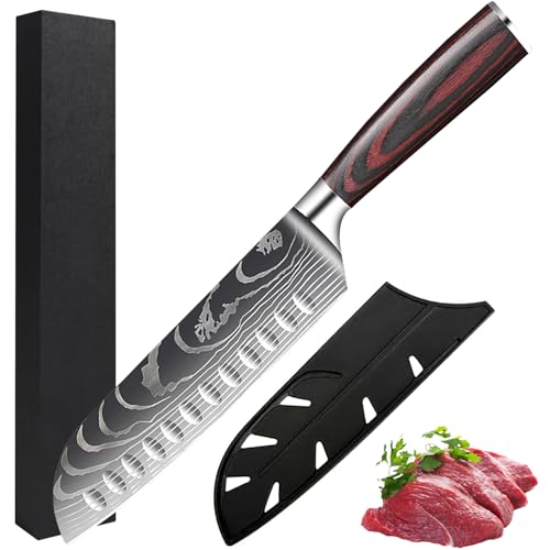Camkum Kochmesser, Santoku Messer 7 Zoll Scharf Sushi Messer Fleischmesser, Japanisches Messer aus Hochwertigem Carbon Edelstahl, Geschenkverpackung inklusive Scheide von Camkum