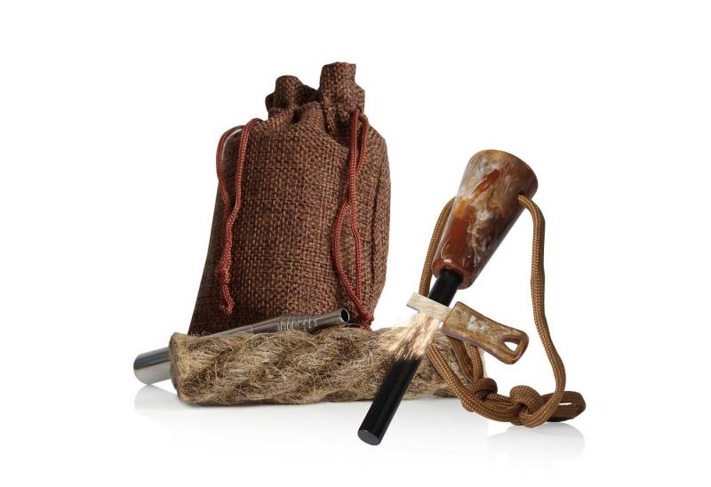 CampFeuer Feuerzeug Feuerstahl Set mit Feuerstahl, Paracord-Seil, Blasrohr, Zunder (Set, Feuerstahl, Paracord-Seil, Blasrohr, Zunder, Stoffbeutel) von CampFeuer