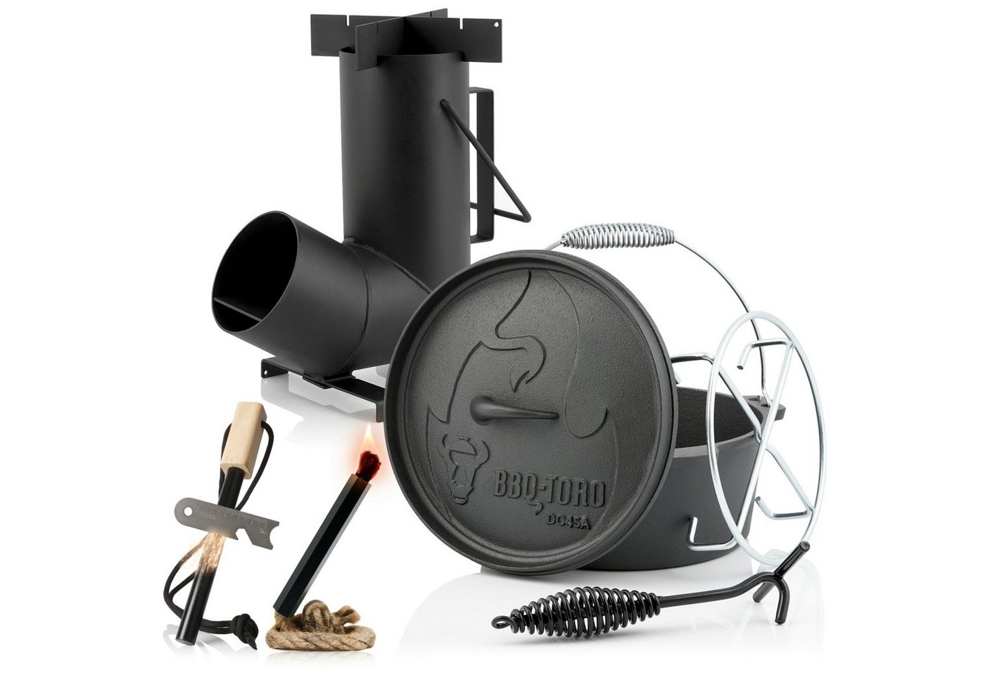 CampFeuer Grilltopf Survival Set mit Dutch Oven, Feuerstahl, Zunder und Raketenofen, 6tlg., Gusseisen (Set, 6-tlg., 6-teliliges Survival Set) von CampFeuer