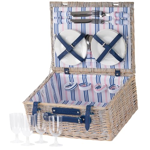 CampFeuer Picknickkorb 4 Personen mit Geschirr-Set | 21-teilig | Picknickkoffer, Weidenkorb mit Kunstlederriemen | Picknicktasche, Picknick Set, Picknickzubehör, Komplettset, Weidenkoffer von CampFeuer