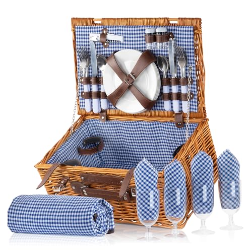 CampFeuer Picknickkorb 4 Personen mit Geschirr-Set | 29-teilig | Picknickkoffer, Weidenkorb mit Kunstlederriemen | Picknicktasche, Picknick Set, Picknickzubehör, Komplettset, Weidenkoffer von CampFeuer