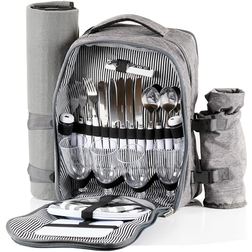 CampFeuer Picknickrucksack für 4 Personen (Grau) | Picknickset 32-teilig | inkl. Flaschenhalter und Fleece Decke, großem Kühlfach, Geschirr und Besteck von CampFeuer