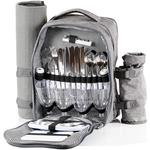 CampFeuer Picknickrucksack für 4 Personen | Grau | Picknickset 32-teilig | inkl. Flaschenhalter und Fleece Decke, großem Kühlfach, Geschirr und Besteck | Wanderrucksack, Campingrucksack von CampFeuer
