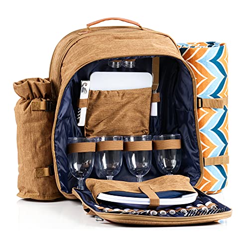 CampFeuer Picknickrucksack für 4 Personen | braun | Picknickset 32-teilig | inkl. Flaschenhalter und Fleece Decke, großem Kühlfach, Geschirr und Besteck | Rucksack mit Campinggeschirr, Picknickset von CampFeuer