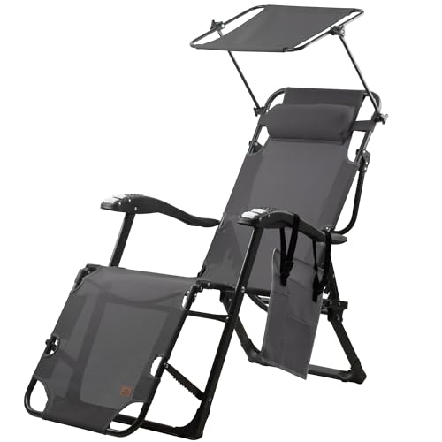CampFeuer Sonnenliege mit Dach | Campingliege, Liegestuhl, Relaxliege | Gartenliege mit Sonnendach, Angelliege, Strandliege verstellbar| Klappliege, Terassenliege, Outdoorliege (Anthrazit) von CampFeuer