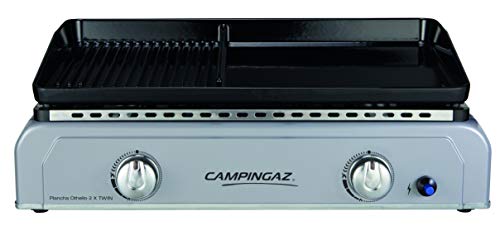 Campingaz Plancha Othello 2 X Twin, Gas Tischgrill, Gastrobräter mit zweigeteilter Grillplatte aus emailliertem Stahl und 2 Brennern, 6 kW Leistung, Tischgriller für mediterranes Grillen a la Plancha von Campingaz