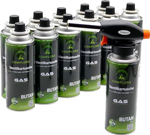 CAMPLORA Gasbrenner + 12 MSF-1a Gaskartuschen 227g - Piezo-Zündung - 1 kW - Lötbrenner Lötlampe Bunsenbrenner Küche und Werkstatt Brenneraufsatz Flambierbrenner gas brenner Gasbrenner mit Kartusche von Camplora