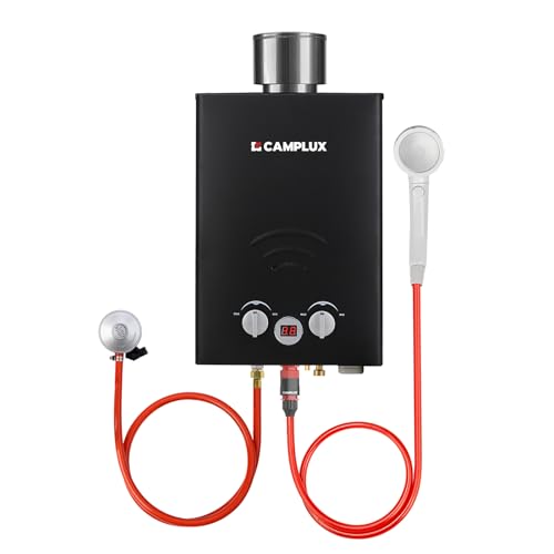 CAMPLUX BW158BC Gasdurchlauferhitzer mit Regenhaube, Tankless LPG Durchlauferhitzer Tragbar, 6 Liter, für Campingdusche Pferdedusche von CAMPLUX
