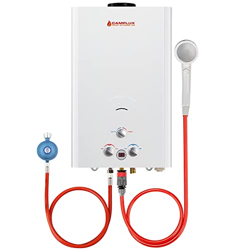 Camplux BW422-DE 16 Liter Gasdurchlauferhitzer im Freien, 50mbar Tankless Gasdusche mit Gasregler, Propangas/Butangas, für Campingdusche/Wohnmobilausflug/Waschpferd von CAMPLUX